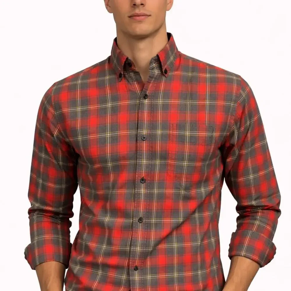 J. CREW Shirt 2-Ply 100% Cotton Men XS 13-13.5 Button down Red Tartan Plaid